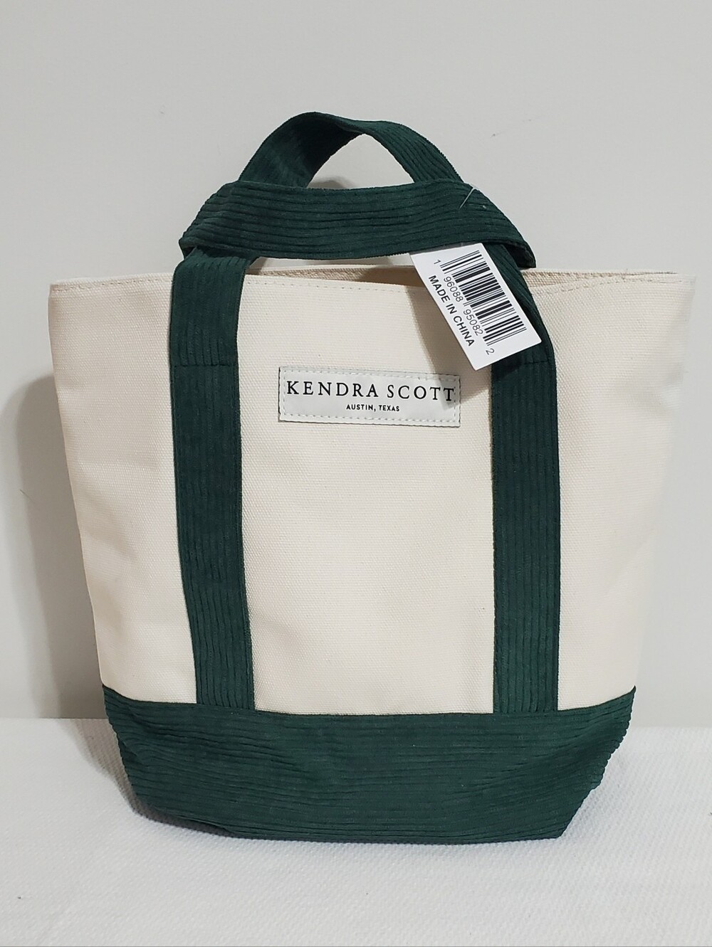 Kendra Scott Canvas Corduroy Boat Tote Bag Logo Patch Cream Dark Green NEW